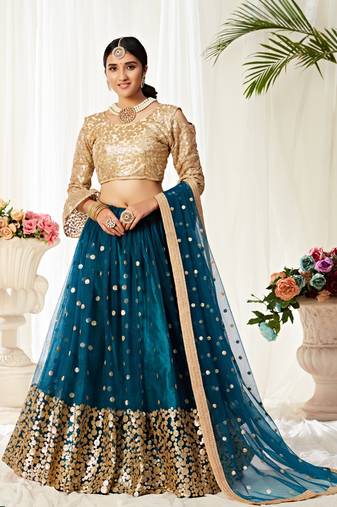 Teal Embroidered Net Semi Stitched Lehenga