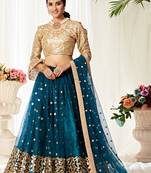 Teal Embroidered Net Semi Stitched Lehenga