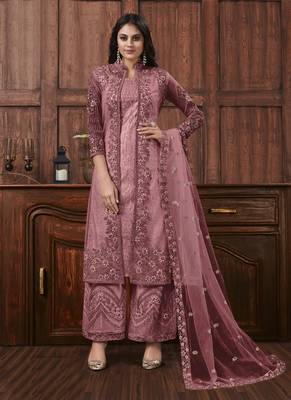 Onion pink embroidered designer jacket style pants suit 1