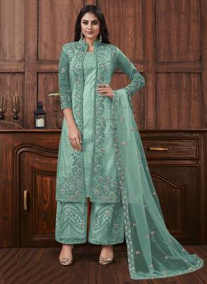 Turquoise embroidered designer jacket style pants suit 1