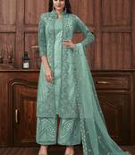 Turquoise embroidered designer jacket style pants suit