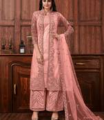 Peach embroidered designer jacket style pants suit