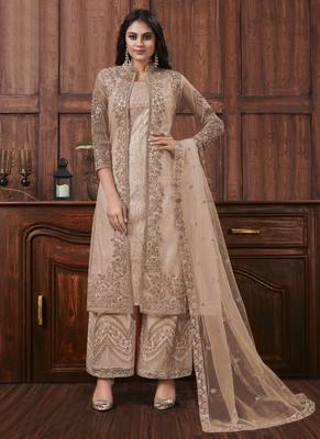 Biege embroidered designer jacket style pants suit 1