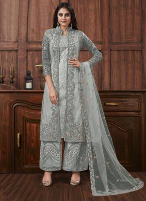 Grey embroidered designer jacket style pants suit 1