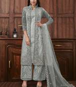 Grey embroidered designer jacket style pants suit