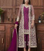 Plum golden embroidered designer jacket style pants suit
