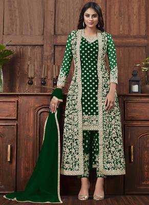 Green golden embroidered designer jacket style pants suit 1