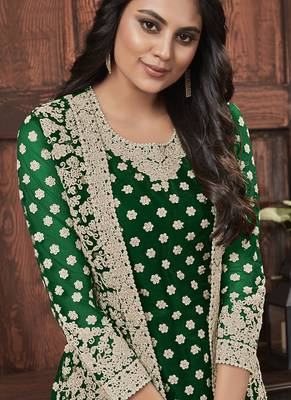 Green golden embroidered designer jacket style pants suit 2
