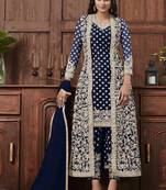Navy blue golden embroidered designer jacket style pants suit