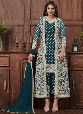 Teal blue golden embroidered designer jacket style pants suit 1