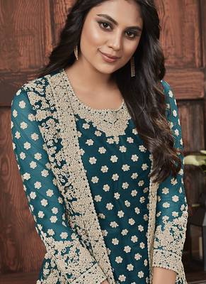 Teal blue golden embroidered designer jacket style pants suit 2