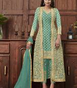 Turquoise golden embroidered designer jacket style pants suit