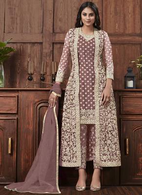 Onion pink golden embroidered designer jacket style pants suit 1