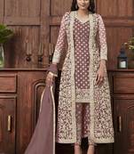 Onion pink golden embroidered designer jacket style pants suit