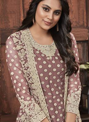 Onion pink golden embroidered designer jacket style pants suit 2