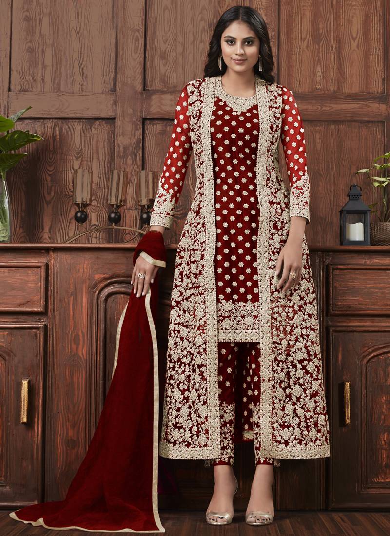 Maroon golden embroidered designer jacket style pants suit Vasu