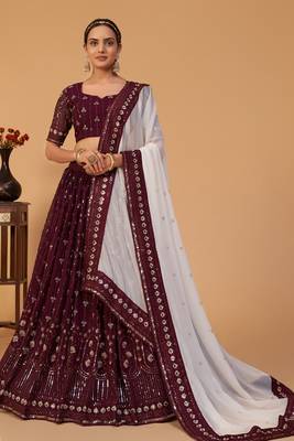 Wine embroidered georgette semi stitched lehenga 1