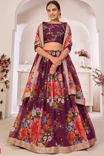 Wine printed georgette semi stitched lehenga