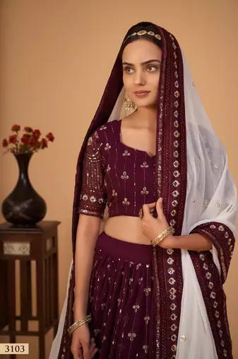 Wine embroidered georgette semi stitched lehenga