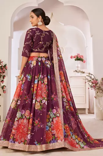 Wine printed georgette semi stitched lehenga