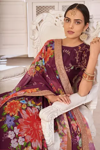 Wine printed georgette semi stitched lehenga