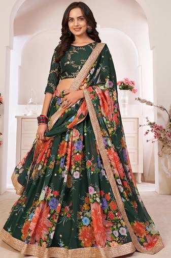 Green printed georgette semi stitched lehenga