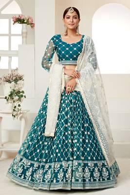 Teal  embroidered net semi stitched lehenga 1
