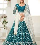 Teal  embroidered net semi stitched lehenga