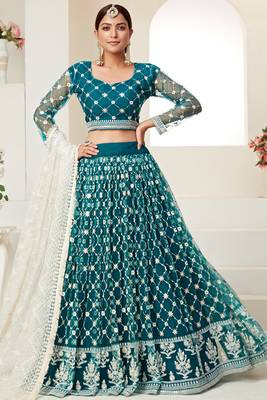 Teal  embroidered net semi stitched lehenga 2
