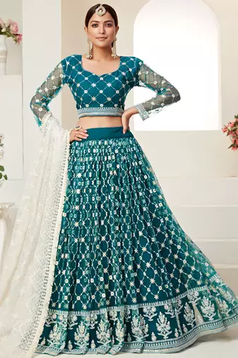 Teal  embroidered net semi stitched lehenga