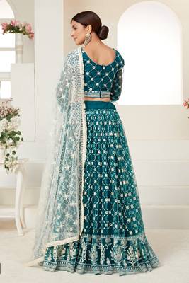 Teal  embroidered net semi stitched lehenga 3