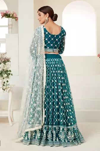 Teal  embroidered net semi stitched lehenga
