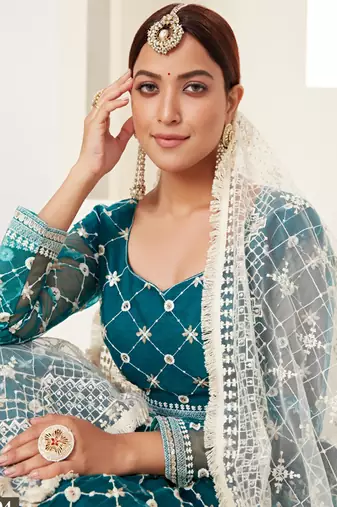 Teal  embroidered net semi stitched lehenga