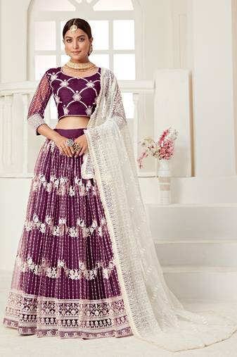 Wine embroidered net semi stitched lehenga