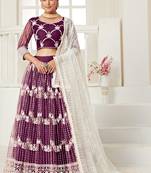 Wine embroidered net semi stitched lehenga