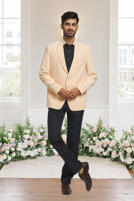 Cream jacquard plain solid full sleeve blazer for men 1