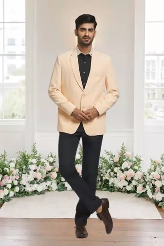 Cream jacquard plain solid full sleeve blazer for men