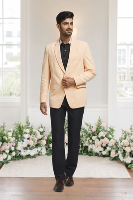 Cream jacquard plain solid full sleeve blazer for men 2