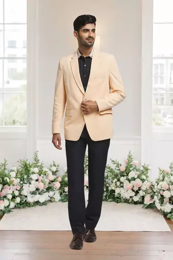 Cream jacquard plain solid full sleeve blazer for men