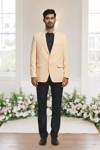 Cream jacquard plain solid full sleeve blazer for men