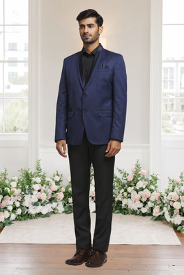 Blue jacquard plain solid full sleeve blazer for men 1