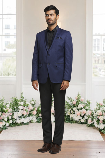 Blue jacquard plain solid full sleeve blazer for men