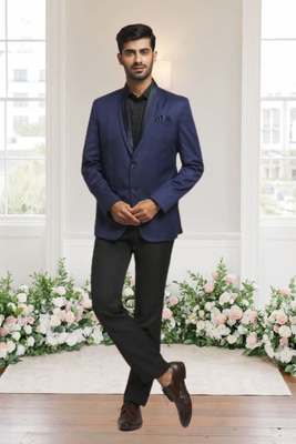 Blue jacquard plain solid full sleeve blazer for men 2