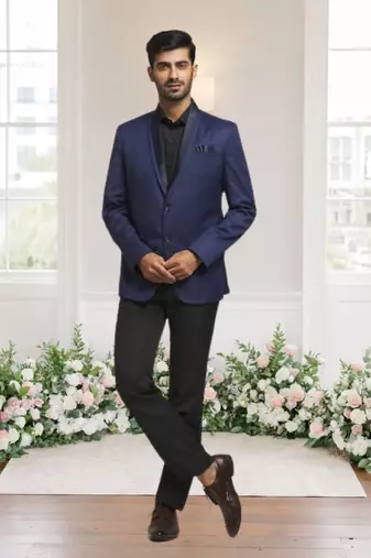 Blue jacquard plain solid full sleeve blazer for men