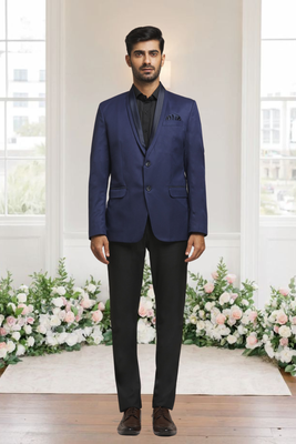 Blue jacquard plain solid full sleeve blazer for men 3