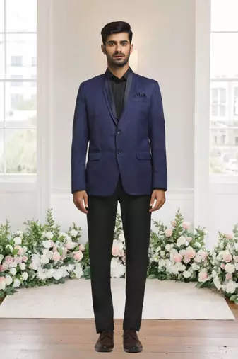 Blue jacquard plain solid full sleeve blazer for men