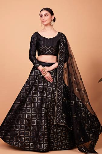 Black embroidered silk semi stitched lehenga