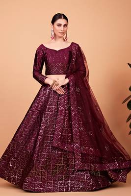 Wine embroidered silk semi stitched lehenga 1