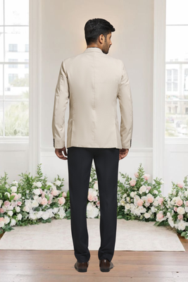 Cream jacquard plain solid full sleeve blazer for men 1