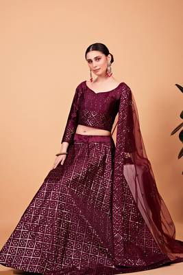 Wine embroidered silk semi stitched lehenga 2